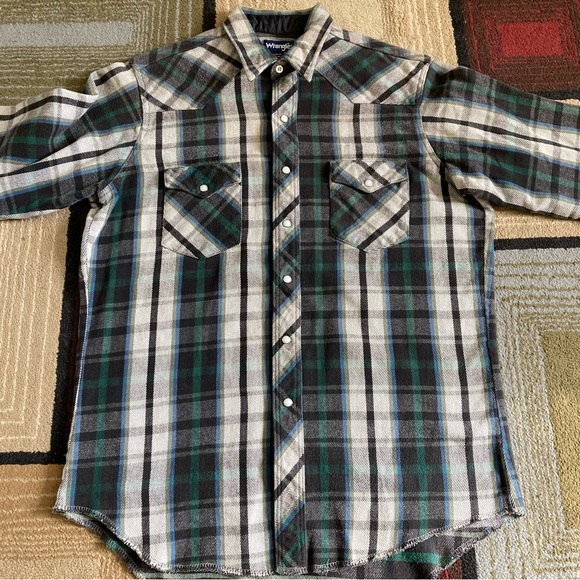Vintage Wrangler Plaid Heavy Flannel Pearl Snap X-Long Tails Shirt Mens 16.5/34 - Picture 3 of 7
